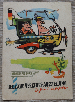 AK München / 1953 / Deutsche Verkehrs Ausstellung / Künstler Karte / Rückseite Briefmarken und Ausstellung Stempel